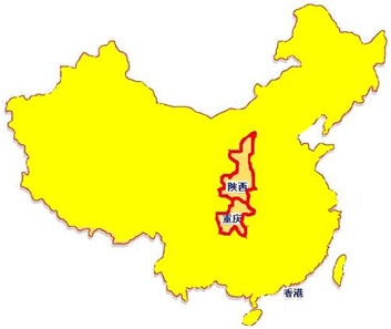 標示陝西省及重慶市位置的中國地圖