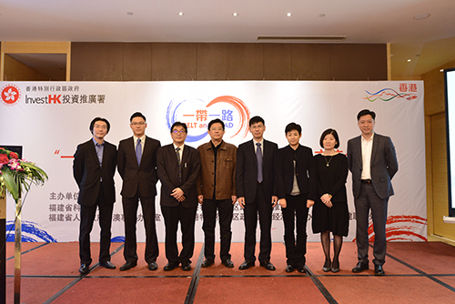 The Director of FJLU, Miss Teresa Poon (third right), the Deputy Director of the Hong Kong Economic and Trade Office in Guangdong (GDETO), Miss Winifred Ho (second right), the Deputy Director-General of the HKMAO of the Fujian Provincial People's Government, Mr Lin Xuefeng (fourth left), the Deputy Director of the Fujian Provincial Department of Science & Technology, Dr Zhou Shi-ju (fourth right), Chief Technology Officer of  Hong Kong Applied Science and Technology Research Institute, Dr. Meikei Ieong, (first right), Head of Innovation & Technology, Invest Hong Kong, Mr Simon Tsang (third left), Manager, Mainland Collaboration of Hong Kong Science & Technology Parks Corporation, Mr Macro Chan (second left), and Senior Manager, Business Development of Hong Kong R&D Centre for Logistics and Supply Chain Management Enabling Technologies, Mr Stephen Wai (first left) at the “Belt and Road, Together We Grow – Fujian-Hong Kong Innovation and Technology Seminar”.