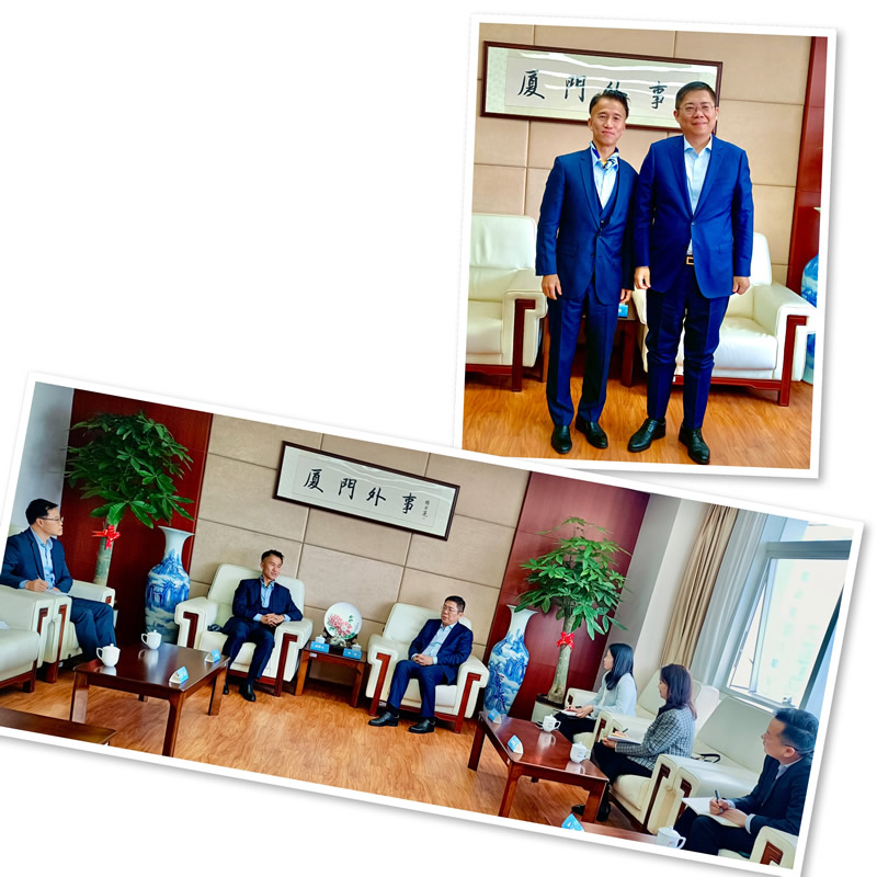 郑震生(上图左)与厦门市委外事办公室党组书记、主任兼厦门市人民政府港澳事务办公室主任张权(上图右)合照