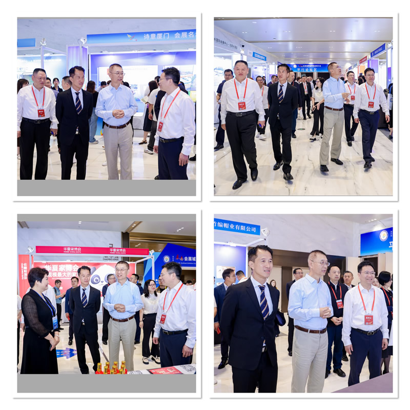 駐福建聯絡處主任鄭震生(右3)與中央人民政府駐澳門特別行政區聯絡辦公室原副主任姚堅(中)及福建省商務廳副廳長林本東(右1)參觀展覽展示區