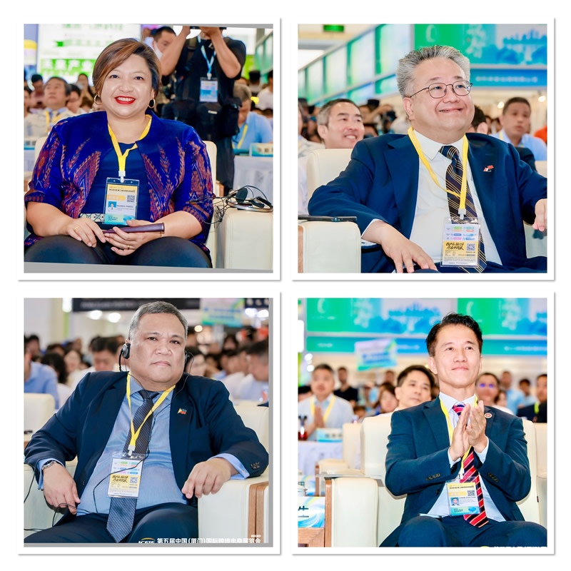 驻福建联络处主任郑震生(下右图)与新加坡驻厦门总领馆总领事庄志嘉(上右图)，菲律宾驻厦门总领馆总领事梅伟达(下左图)，泰王国驻厦门总领馆副总领事冰忆莲(上左图)等出席展览会的开幕式